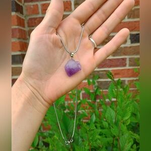Amethyst Crystal Nugget Pendant Necklace With Stainless Steel Chain